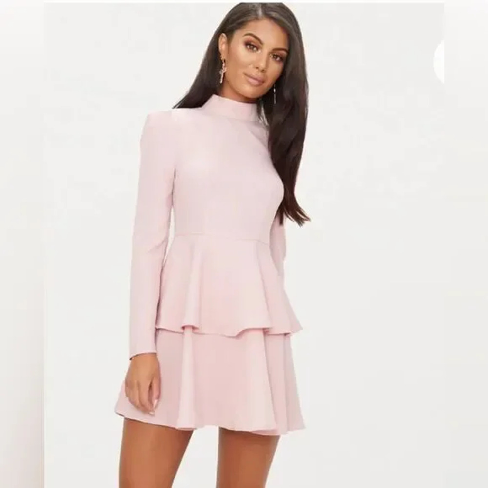 Pretty Little Thing High Neck Tiered Skater Dress Dusty Pink Size US 6 UK 10 NWT